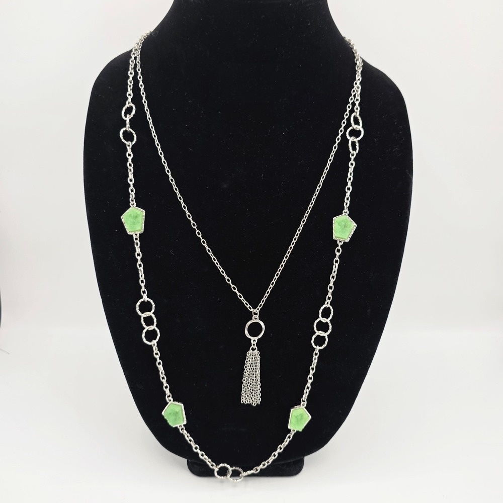 Charming Charlie Womens Siver Tone Double Strand Green Stone Fringe Chain 38"